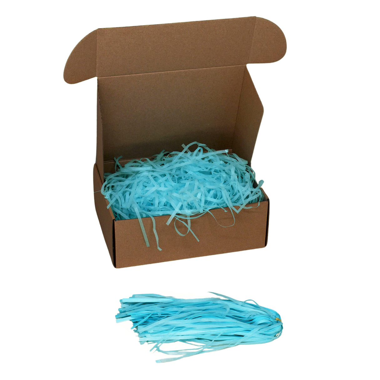 Arctic Blue tissue paper shred filler shown in a brown box