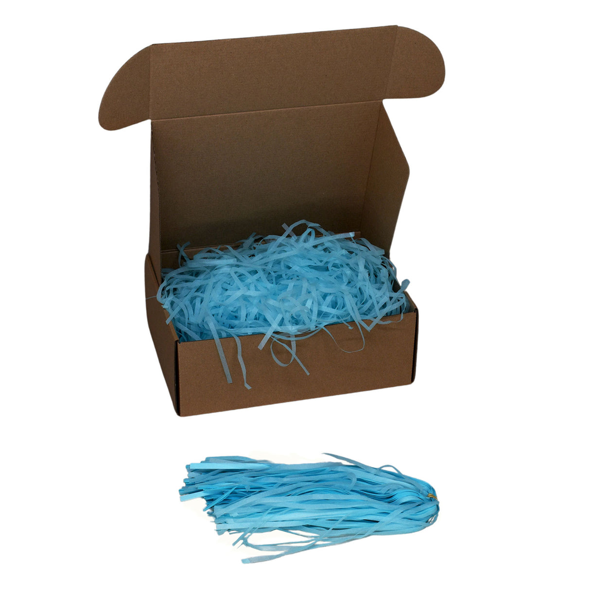 Arctic Blue tissue paper shred filler shown in a brown box