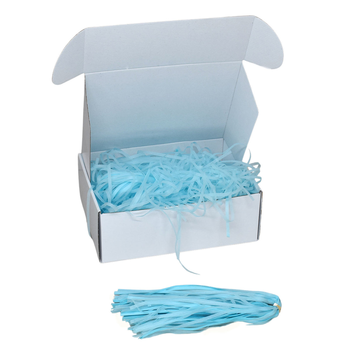 Arctic Blue tissue shred filler displayed in a white gift box
