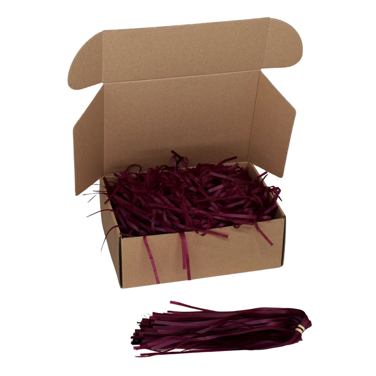 Burgundy tissue paper shred filler shown in a brown box