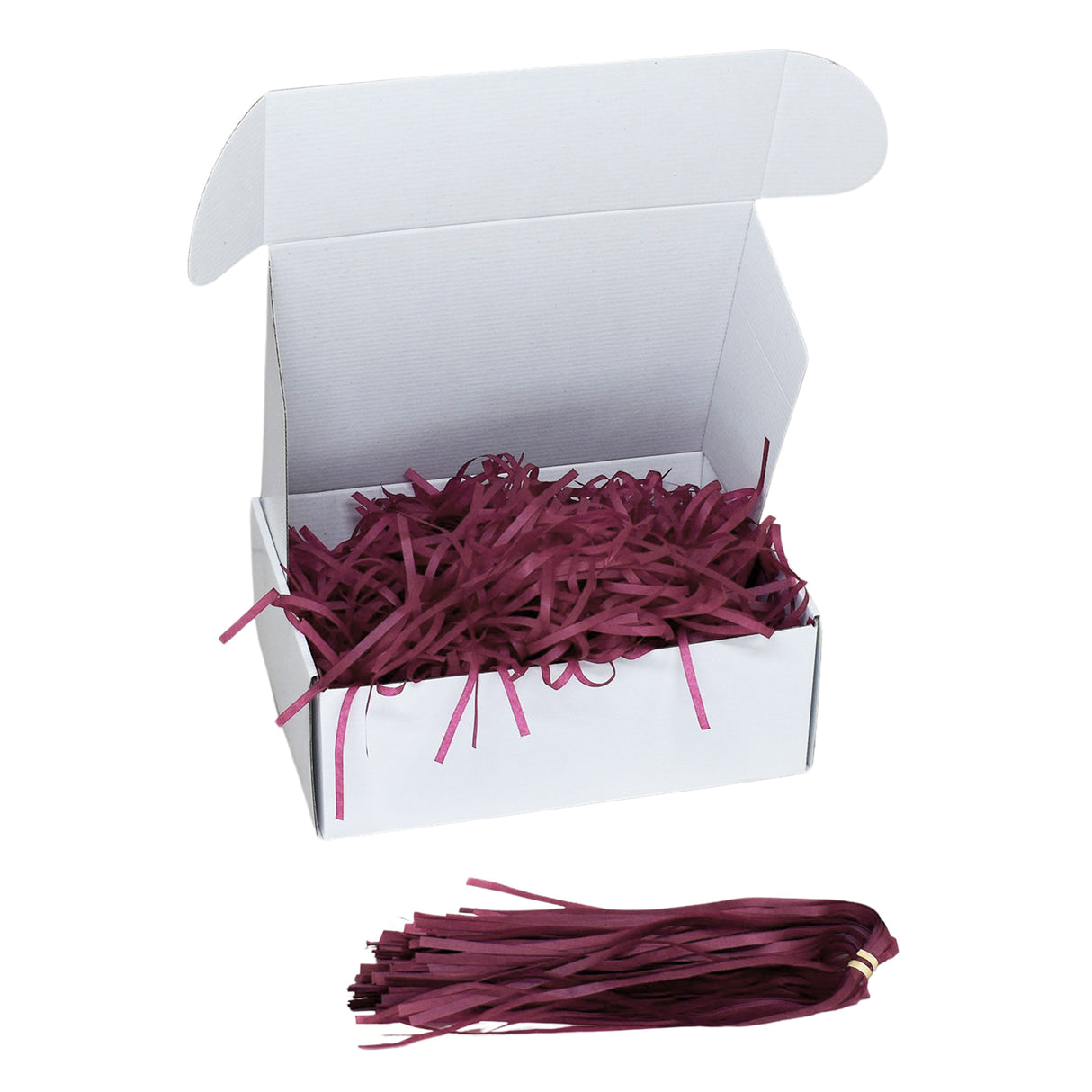 Burgundy tissue shred filler displayed in a white gift box