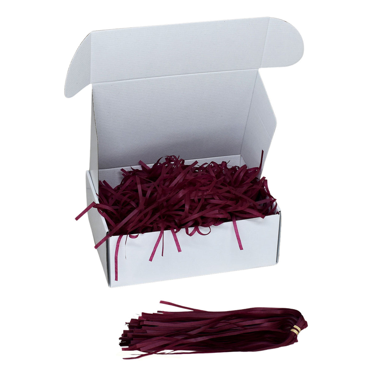 Burgundy tissue shred filler displayed in a white gift box
