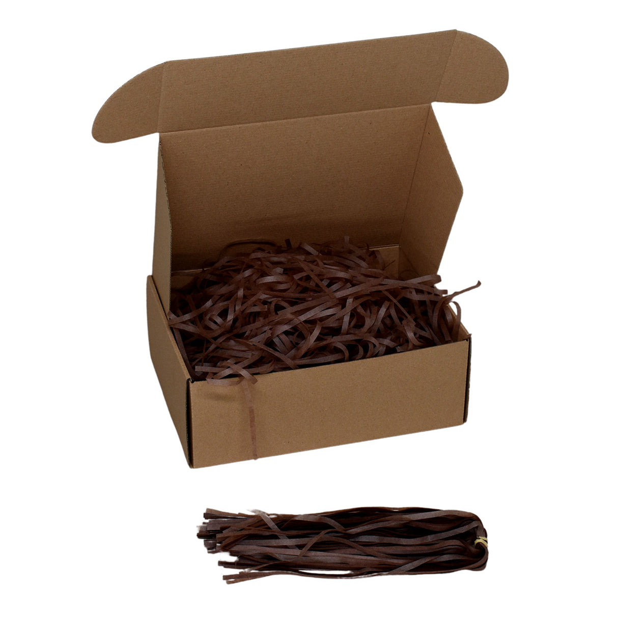 Chockolate Brown tissue paper shred filler shown in a brown box