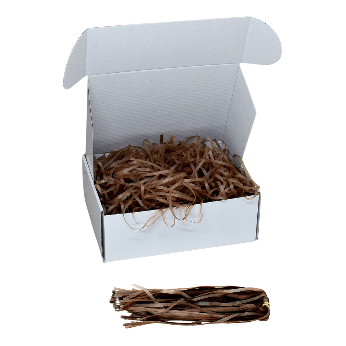 Chockolate Brown tissue shred filler displayed in a white gift box