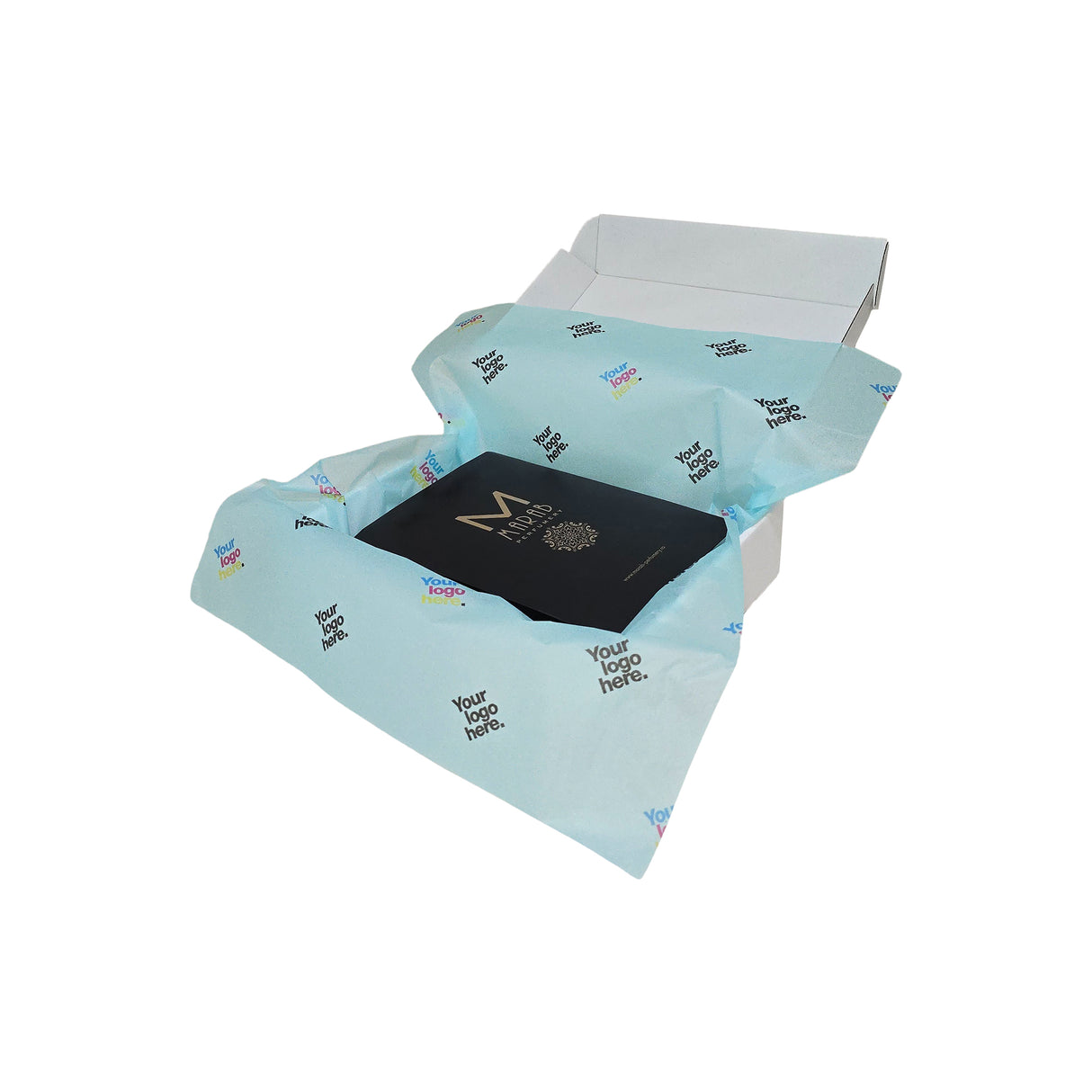 Custom tissue paper arctic-blue, arranged in a transport box, 17gsm – size 50x75cm