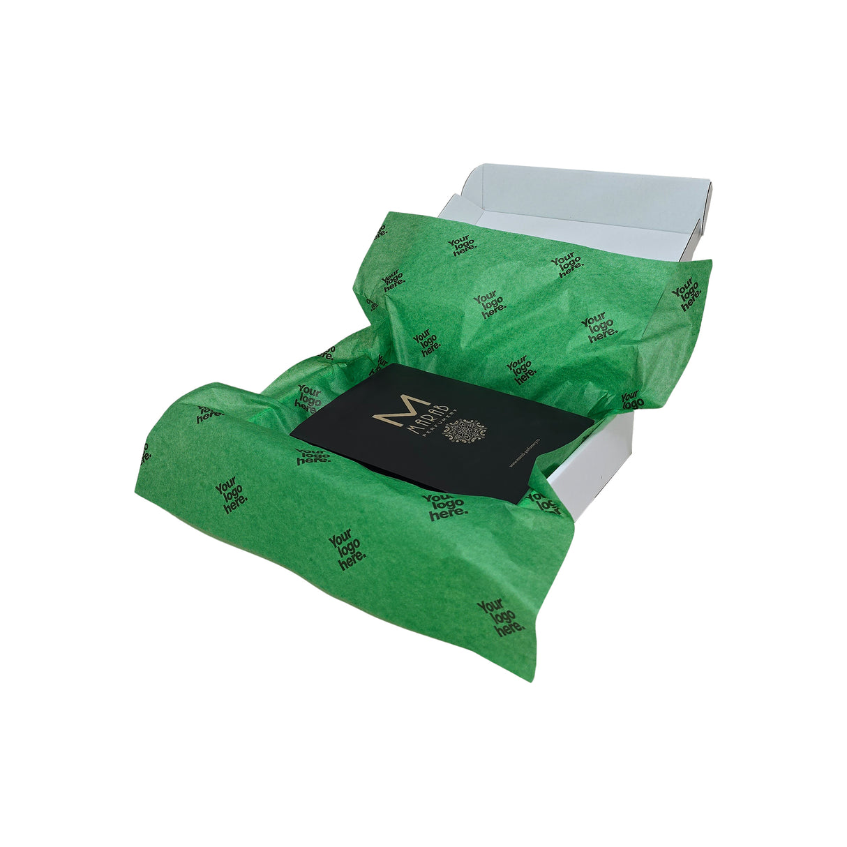 Custom tissue paper dark-green, arranged in a transport box, 17gsm – size 50x75cm