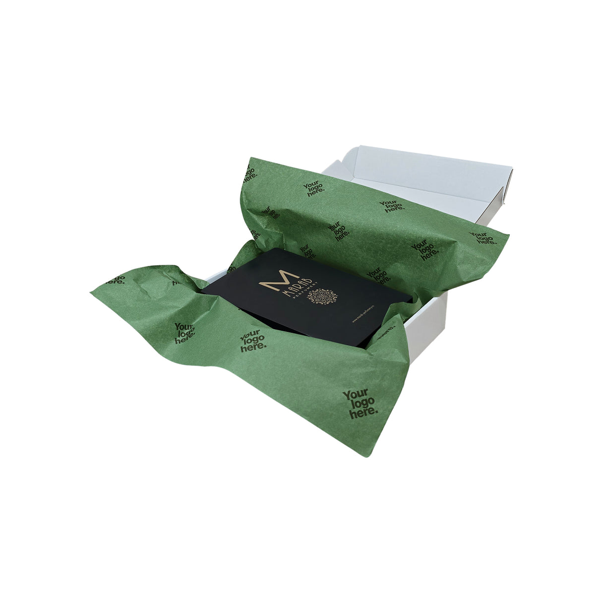 Custom tissue paper dark-green, arranged in a transport box, 28gsm – size 50x75cm