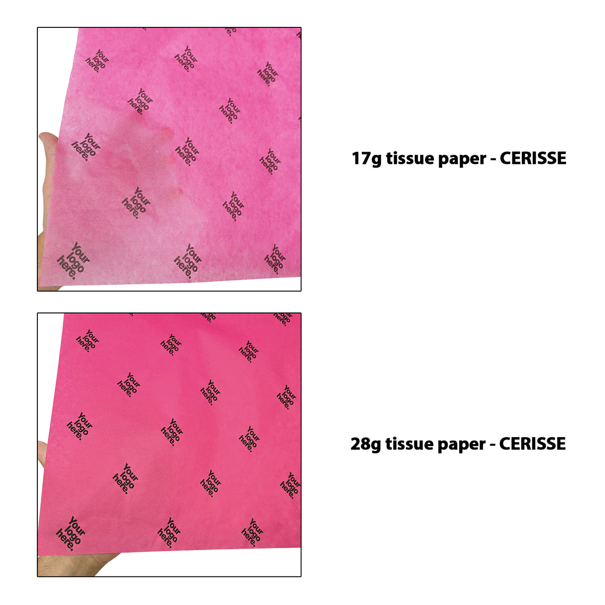 Custom tissue paper fuchsia-pink, 17gsm vs 28gsm transparency comparison, size 50x75cm