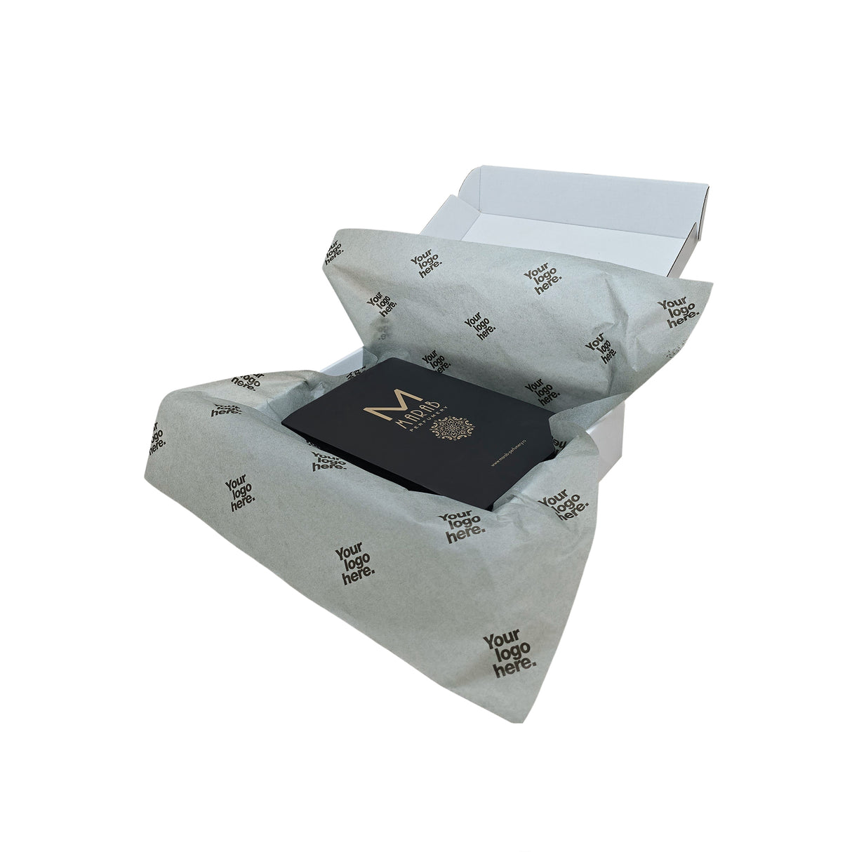 Custom tissue paper grey, arranged in a transport box, 17gsm – size 50x75cm