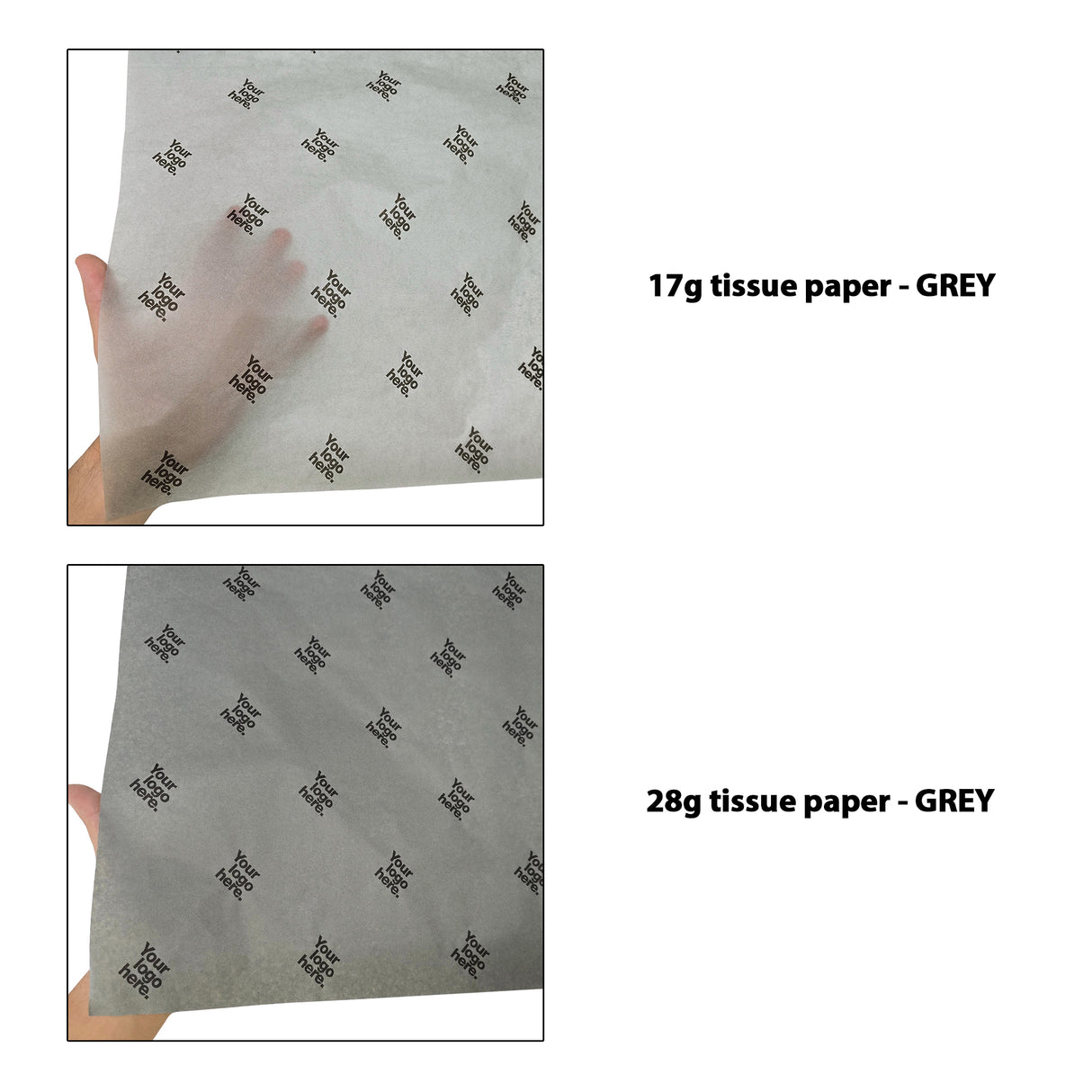 Custom tissue paper grey, 17gsm vs 28gsm transparency comparison, size 50x75cm