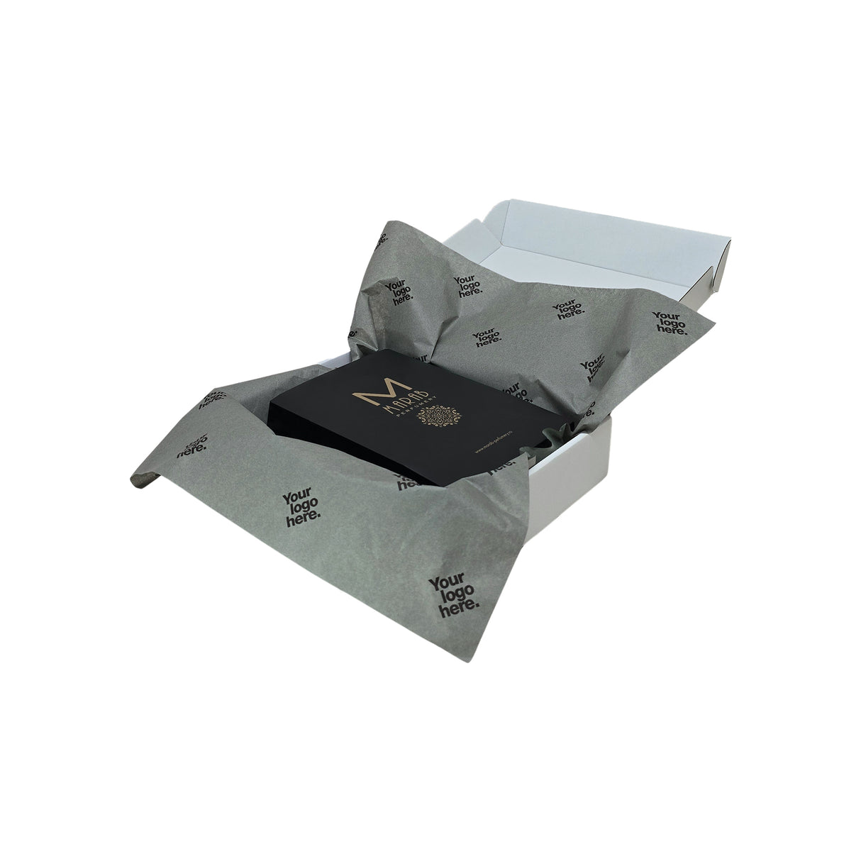 Custom tissue paper grey, arranged in a transport box, 28gsm – size 50x75cm