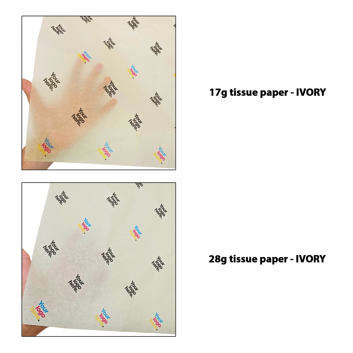 Custom tissue paper ivory, 17gsm vs 28gsm transparency comparison, size 50x75cm