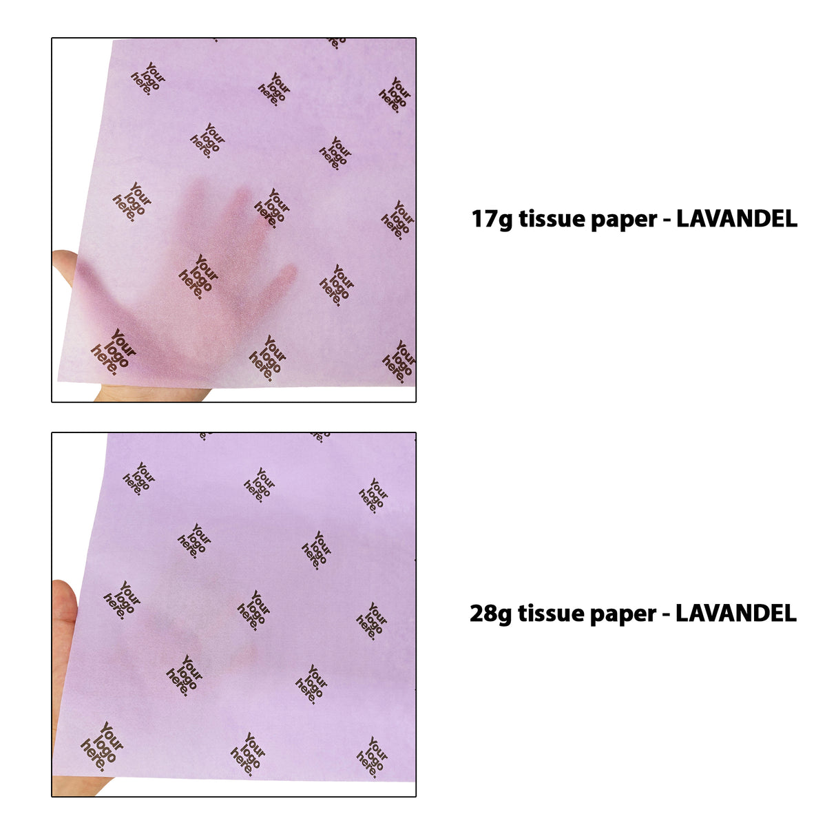 Custom tissue paper lavender, 17gsm vs 28gsm transparency comparison, size 50x75cm