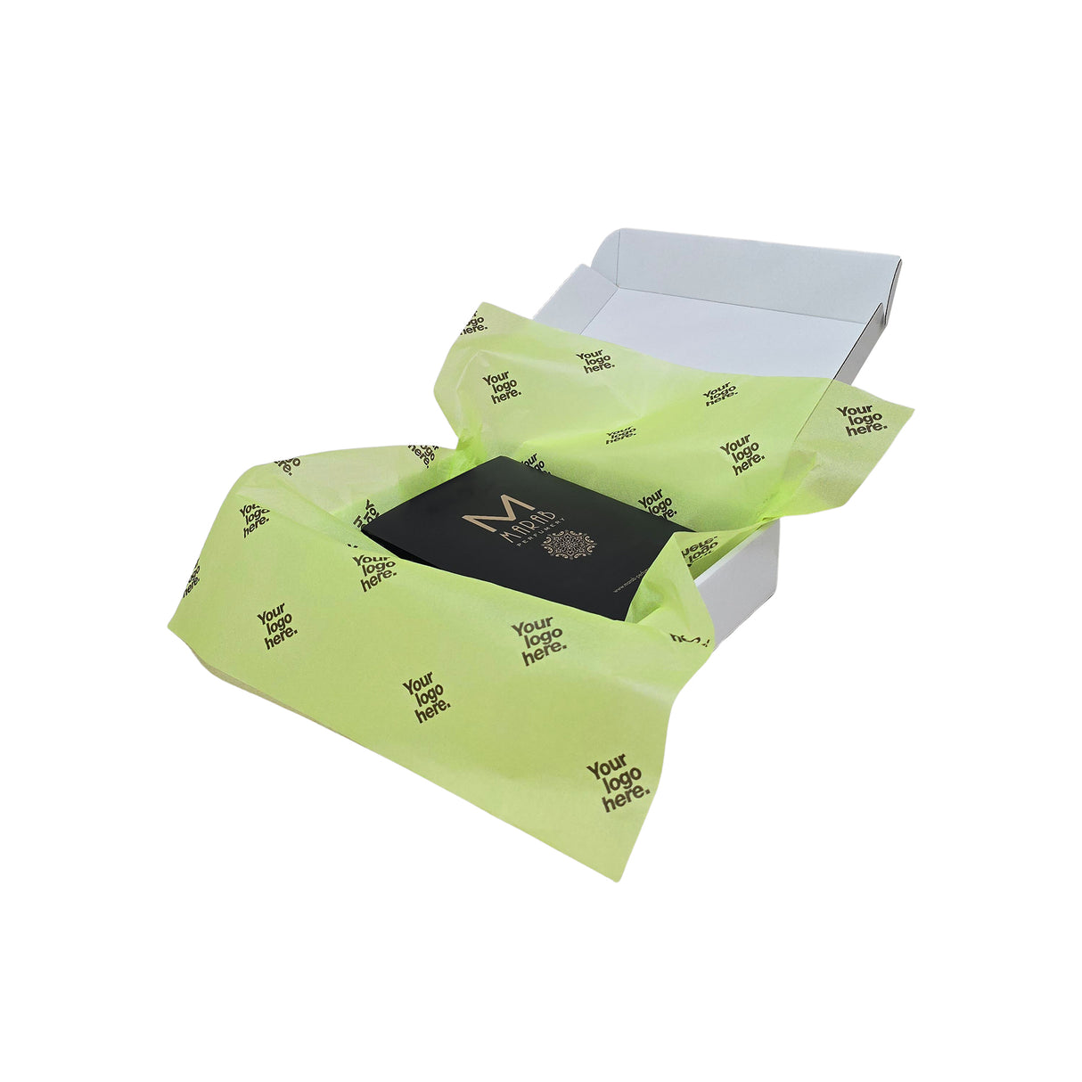 Custom tissue paper lime-green, arranged in a transport box, 17gsm – size 50x75cm