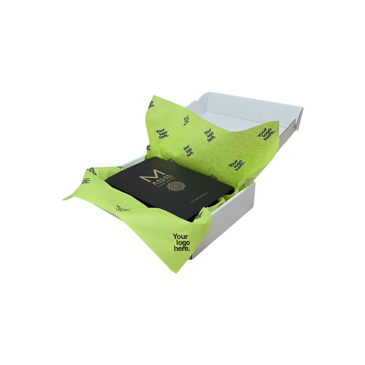 Custom tissue paper lime-green, arranged in a transport box, 28gsm – size 50x75cm