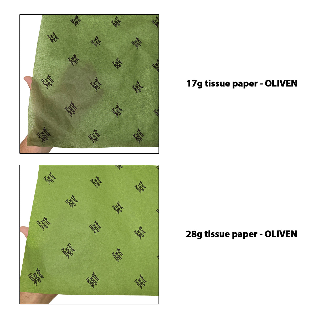 Custom tissue paper olive-green, 17gsm vs 28gsm transparency comparison, size 50x75cm