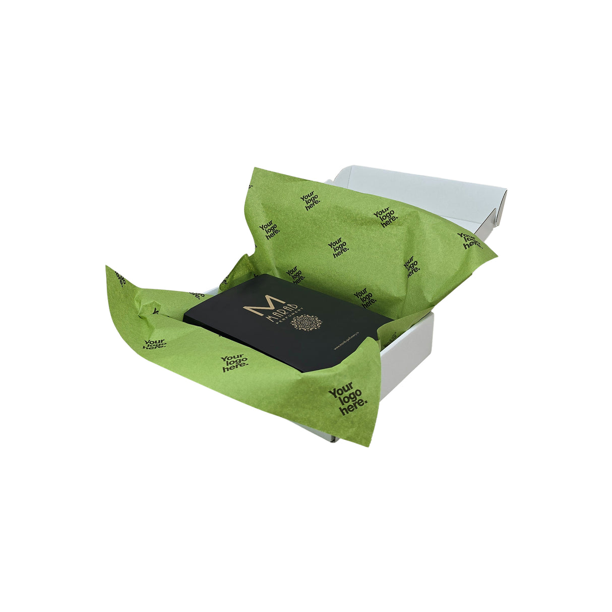 Custom tissue paper olive-green, arranged in a transport box, 28gsm – size 50x75cm