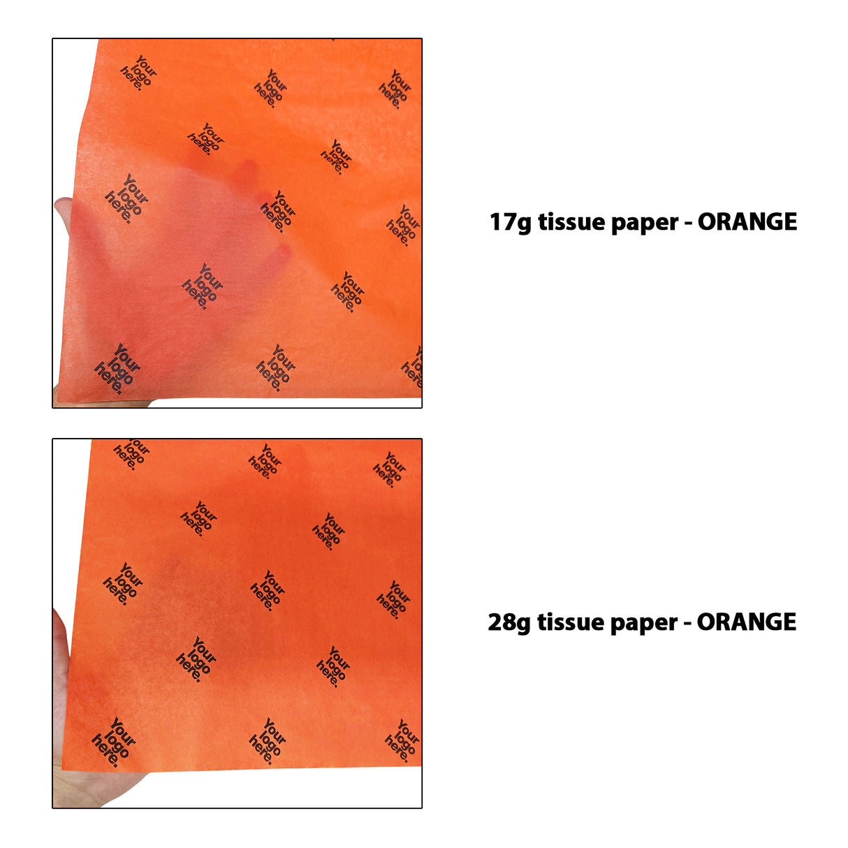 Custom tissue paper orange, 17gsm vs 28gsm transparency comparison, size 50x75cm