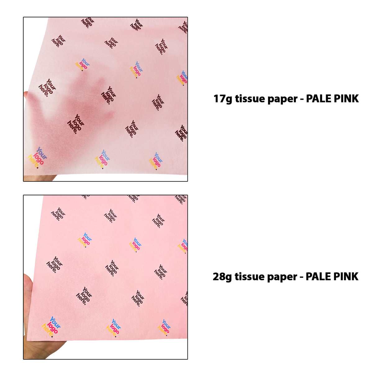 Custom tissue paper light-pink, 17gsm vs 28gsm transparency comparison, size 50x75cm
