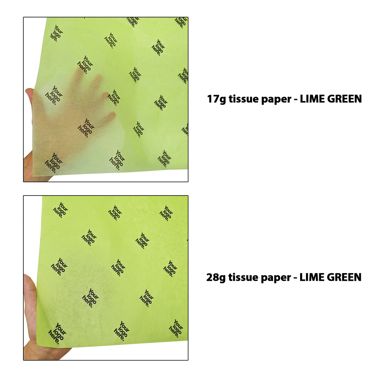 Custom tissue paper pastel-green, 17gsm vs 28gsm transparency comparison, size 50x75cm