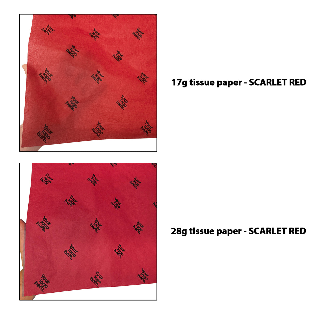 Custom tissue paper red, 17gsm vs 28gsm transparency comparison, size 50x75cm
