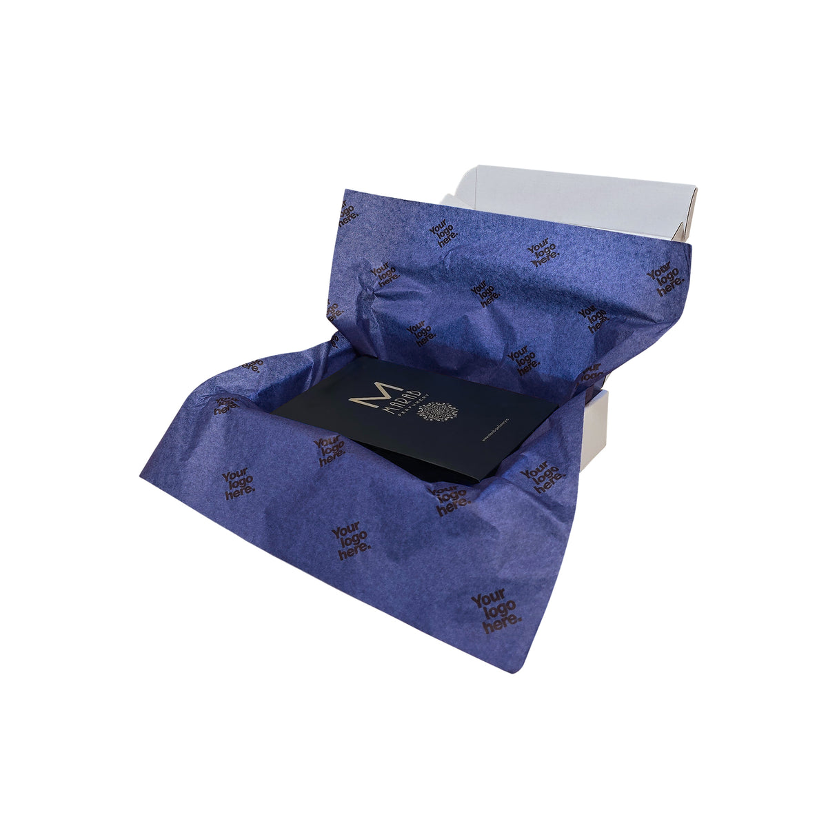 Custom tissue paper royal-blue, arranged in a transport box, 17gsm – size 50x75cm