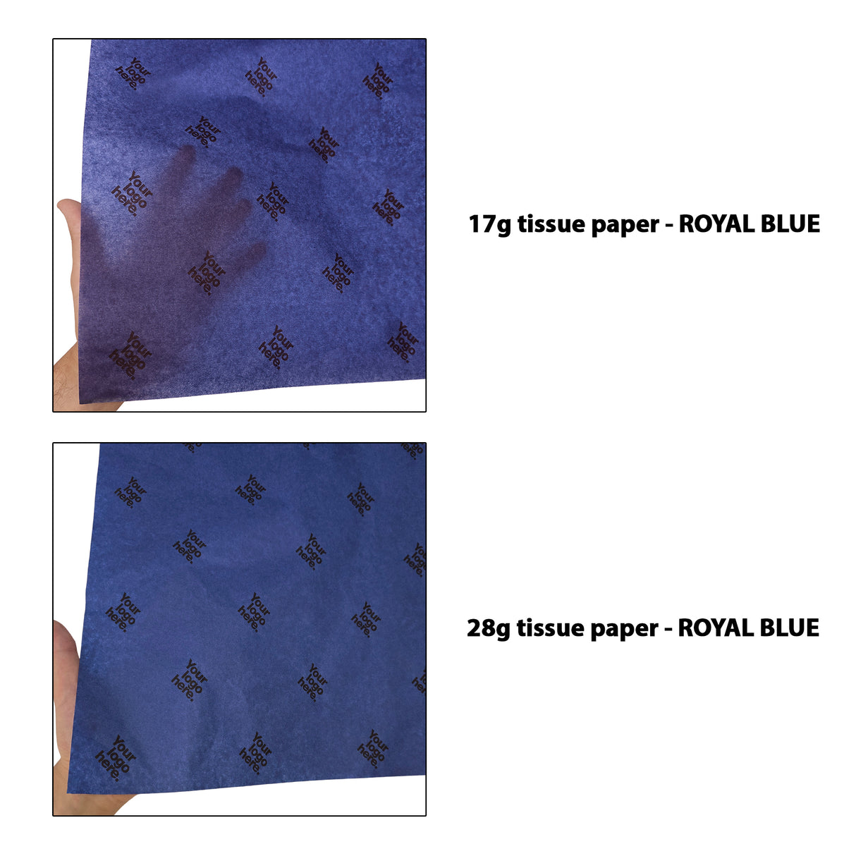 Custom tissue paper royal blue, 17gsm vs 28gsm transparency comparison, size 50x75cm