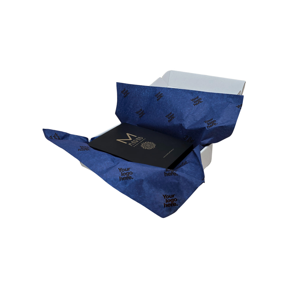 Custom tissue paper royal blue, arranged in a transport box, 28gsm – size 50x75cm
