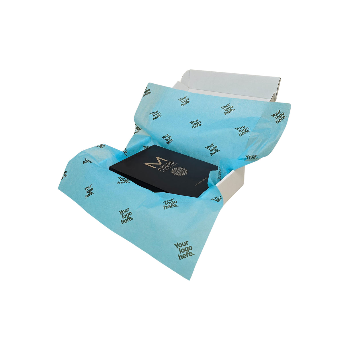 Custom tissue paper turquoise, arranged in a transport box, 17gsm – size 50x75cm