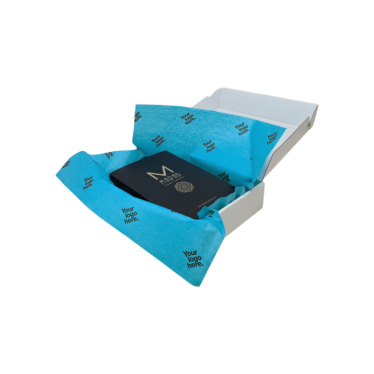 Custom tissue paper turquoise, arranged in a transport box, 28gsm – size 50x75cm