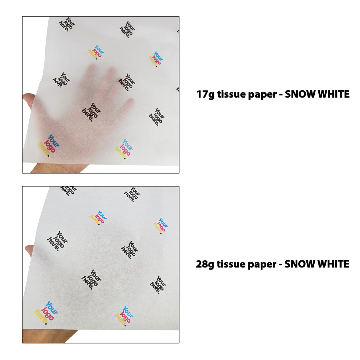 Custom tissue paper white, 17gsm vs 28gsm transparency comparison, size 50x75cm