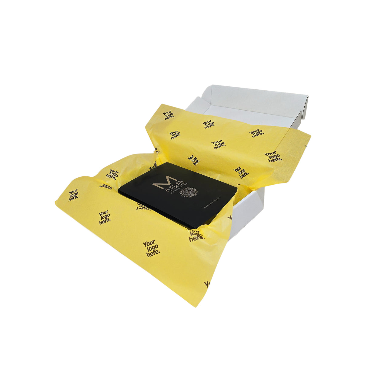 Custom tissue paper yellow, arranged in a transport box, 17gsm – size 50x75cm