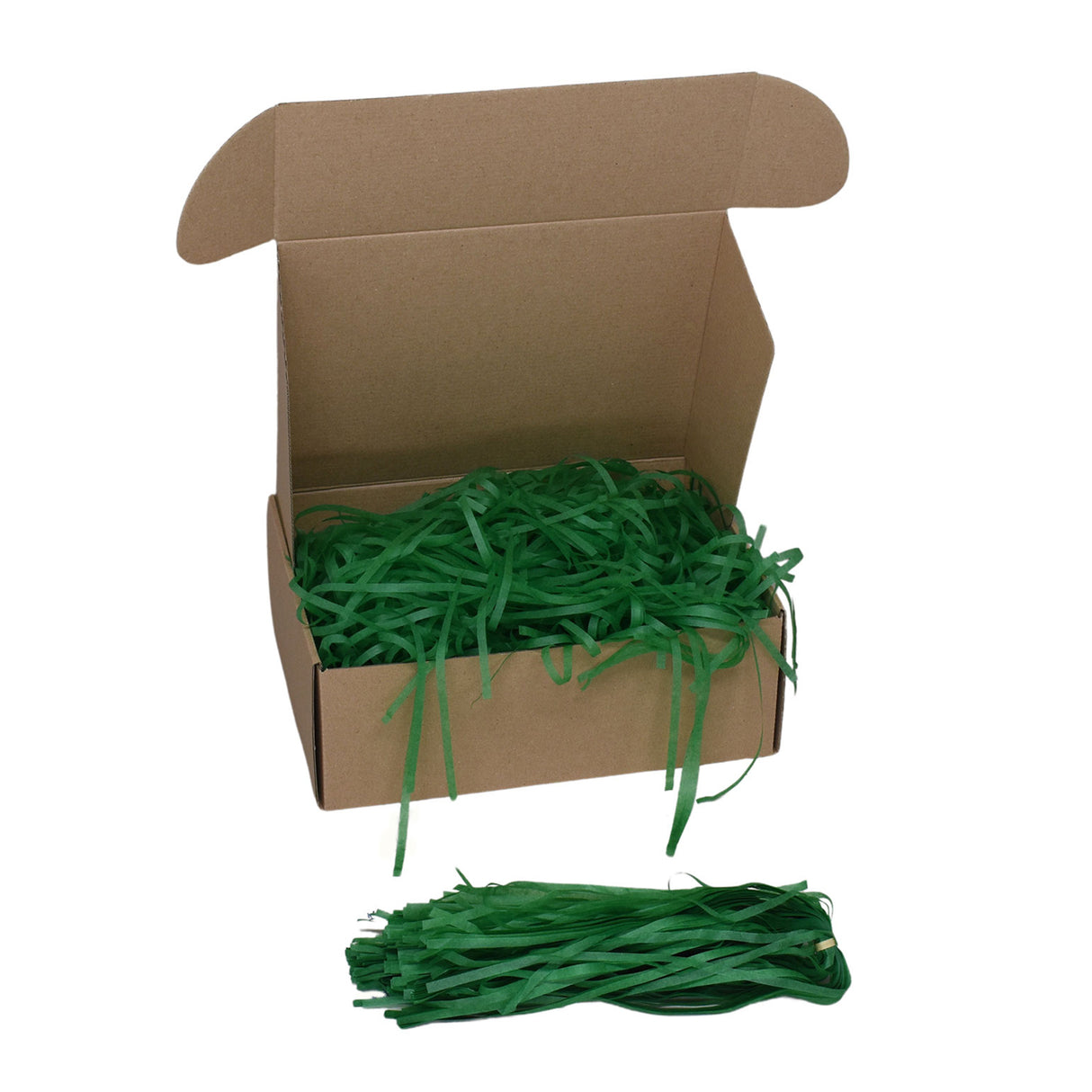 Evergreen tissue paper shred filler shown in a brown box