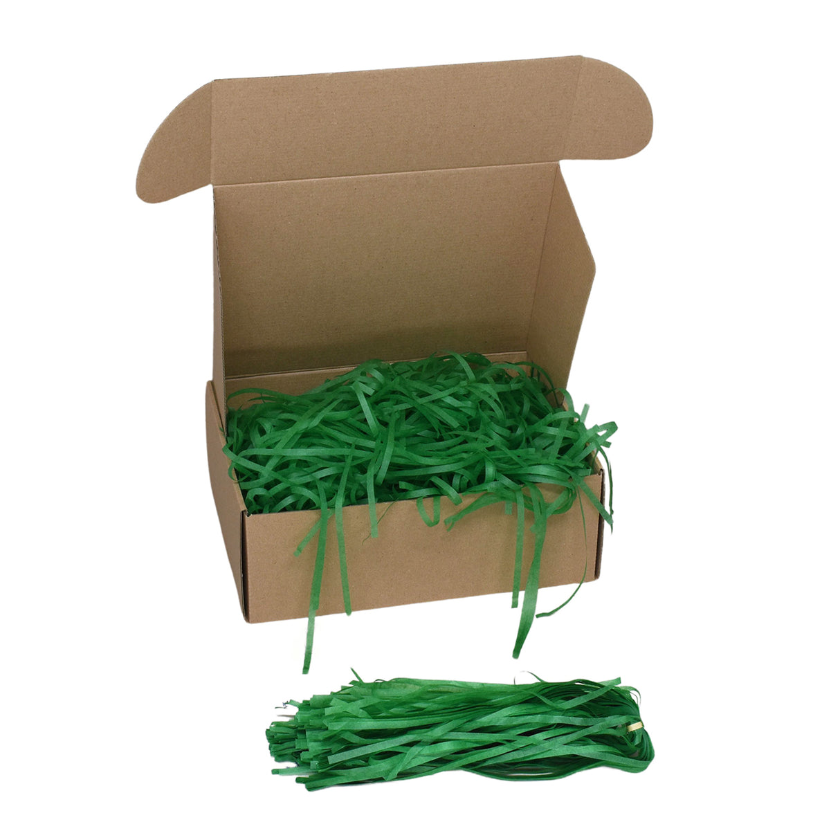 Evergreen tissue paper shred filler shown in a brown box