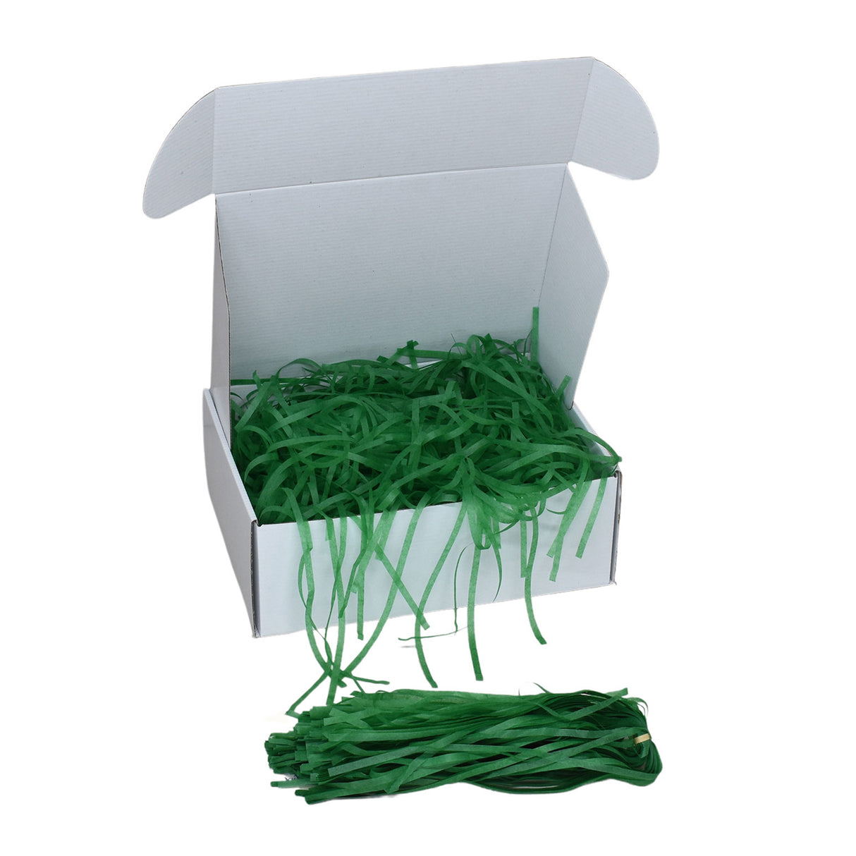 Evergreen tissue shred filler displayed in a white gift box