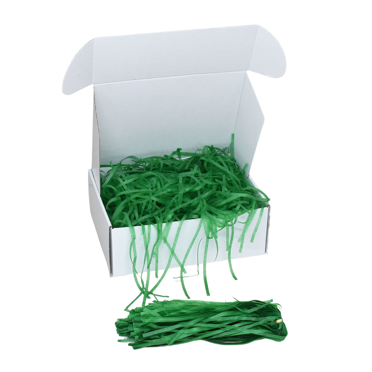 Evergreen tissue shred filler displayed in a white gift box