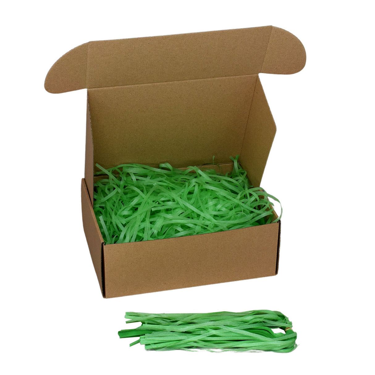 Grass Green tissue paper shred filler shown in a brown box