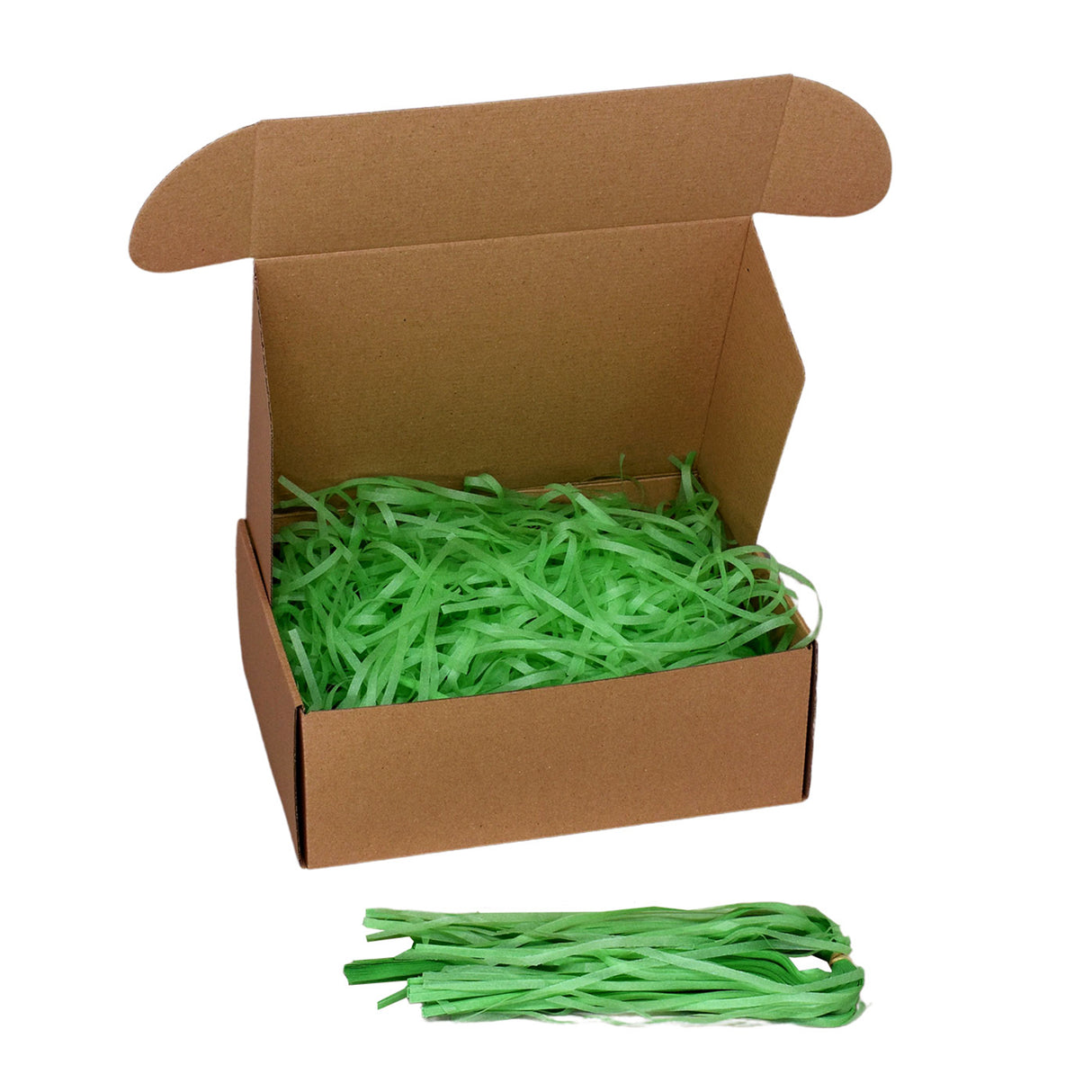 Grass Green tissue paper shred filler shown in a brown box