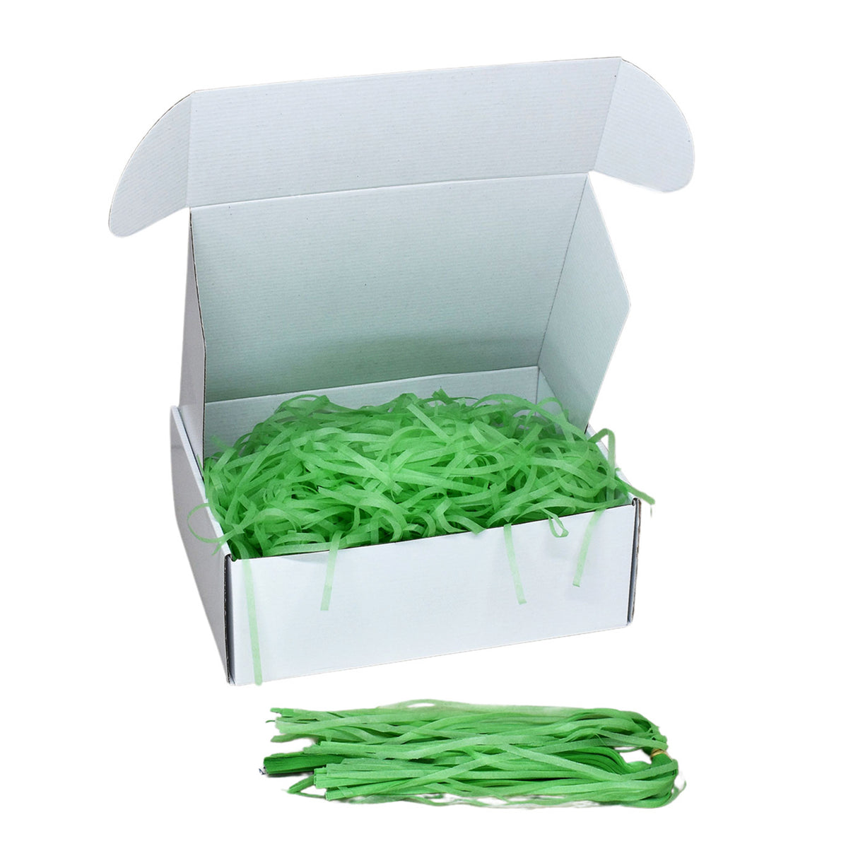 Grass Green tissue shred filler displayed in a white gift box