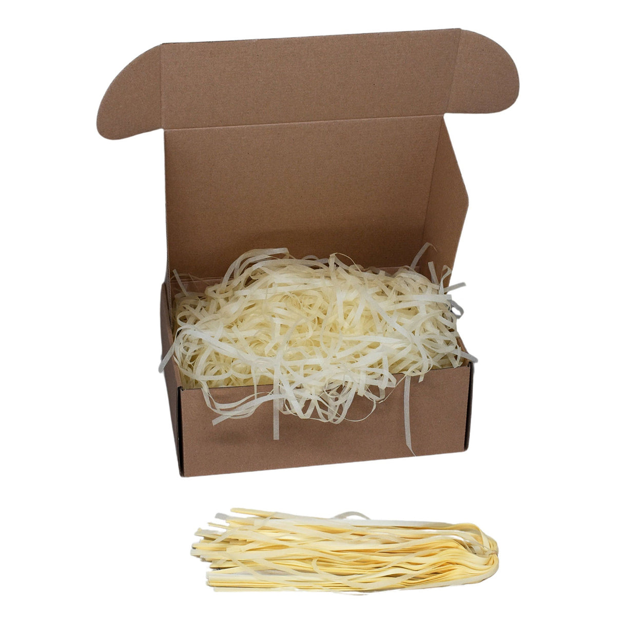 Ivory tissue paper shred filler shown in a brown box