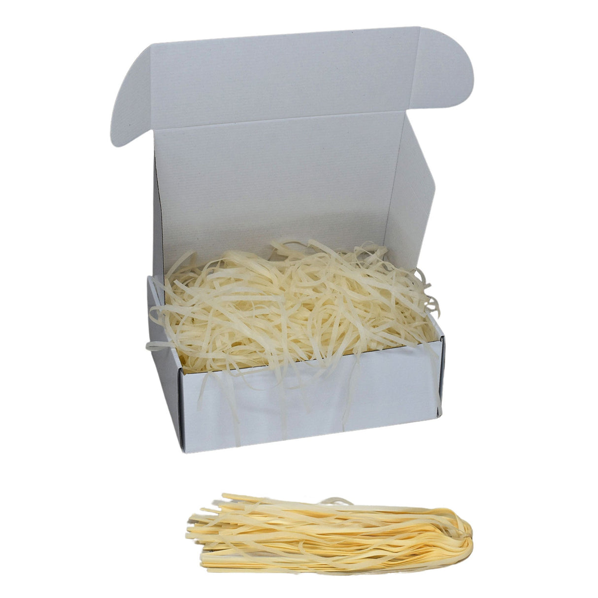 Ivory tissue shred filler displayed in a white gift box