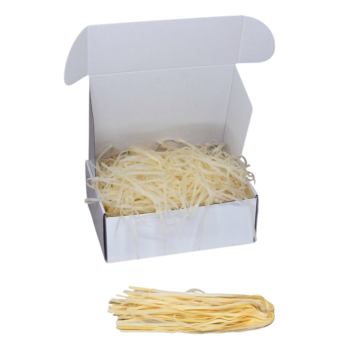 Ivory tissue shred filler displayed in a white gift box