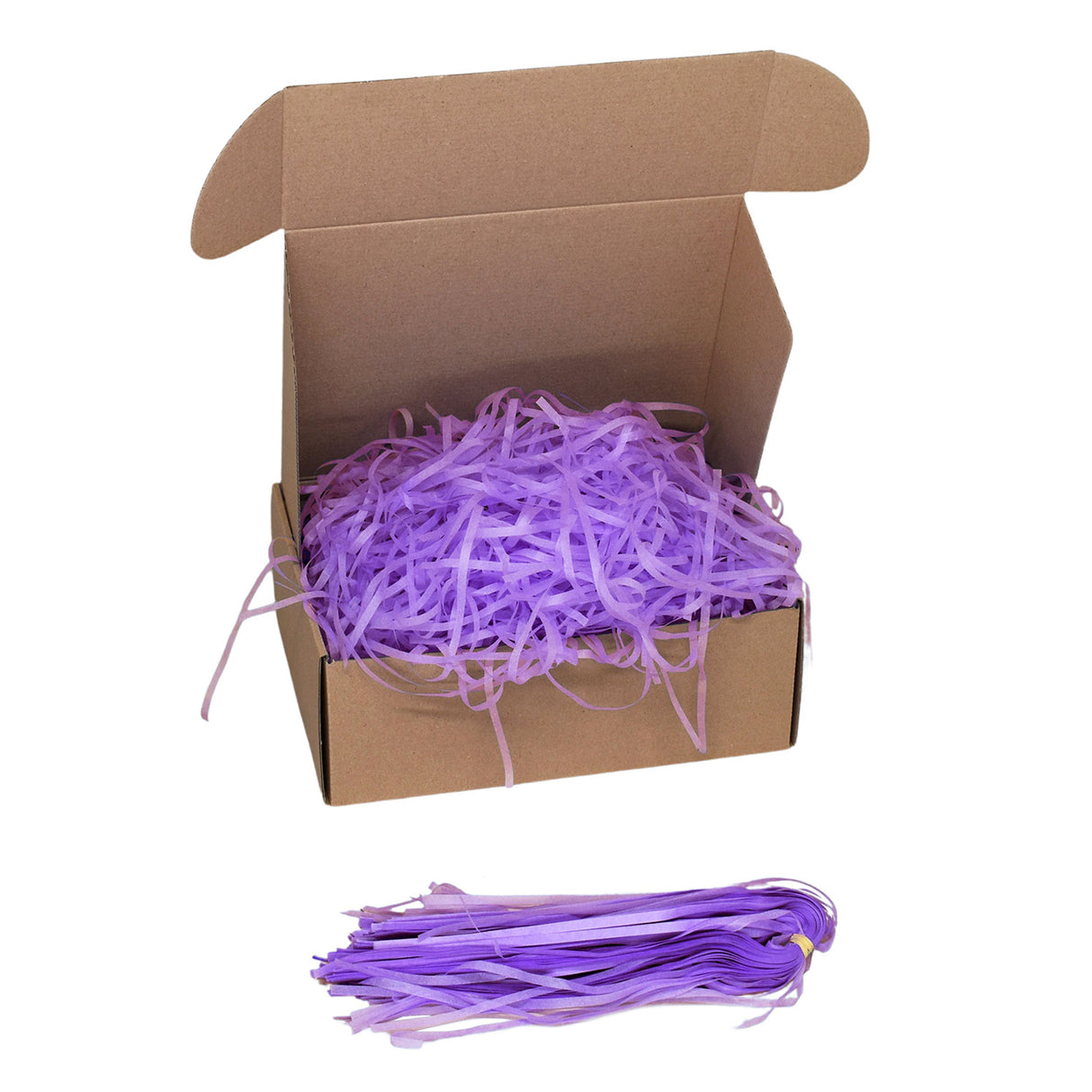 Lavandel tissue paper shred filler shown in a brown box