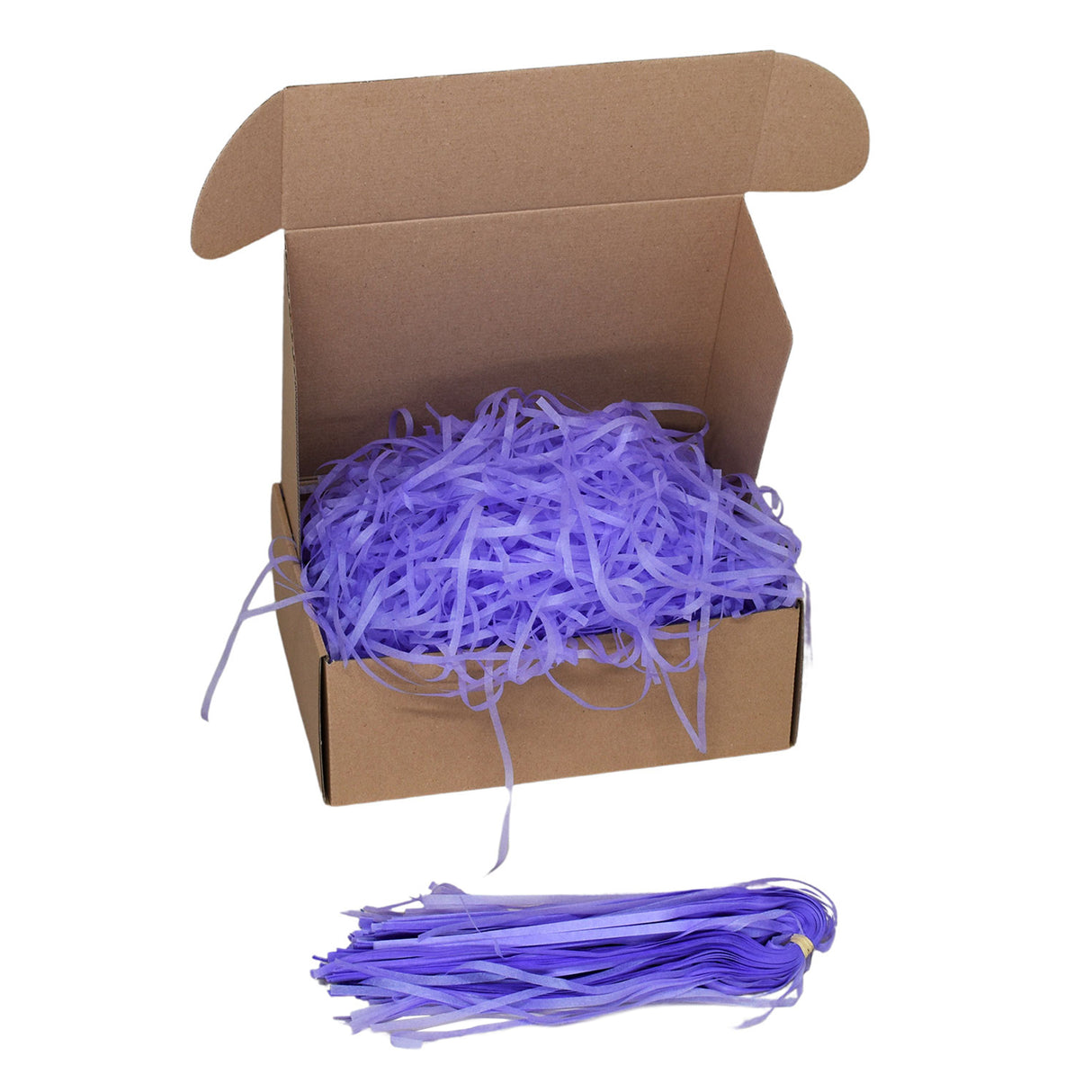 Lavandel tissue paper shred filler shown in a brown box