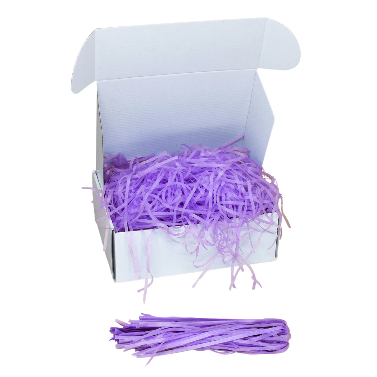 Lavandel tissue shred filler displayed in a white gift box