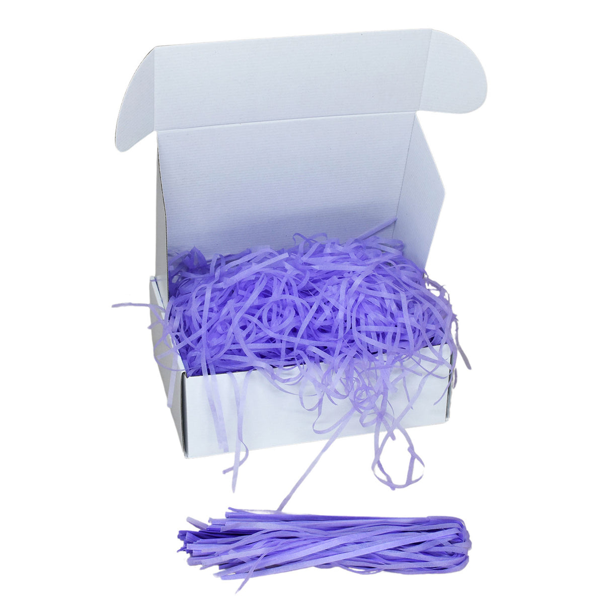 Lavandel tissue shred filler displayed in a white gift box