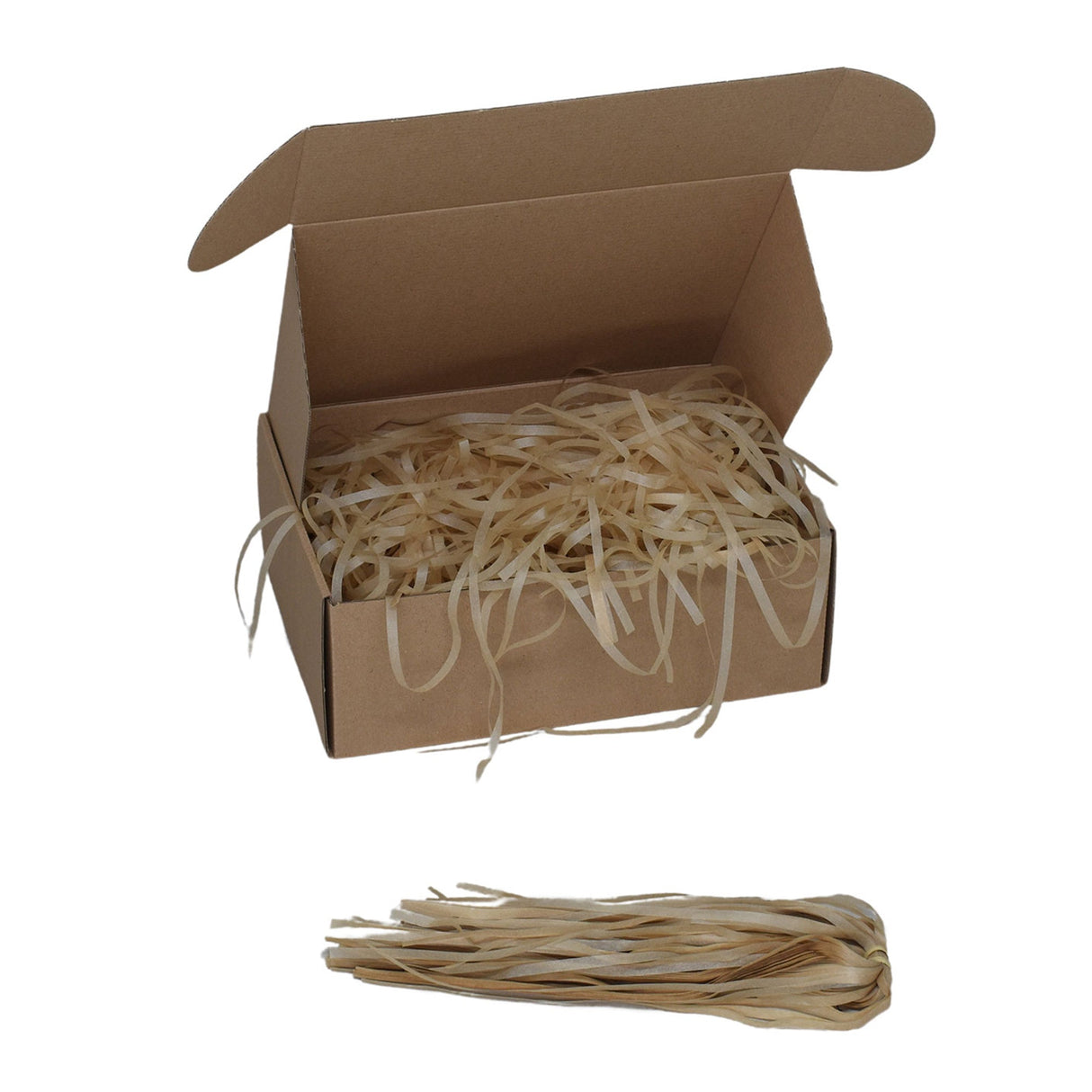 Light Tan tissue paper shred filler shown in a brown box