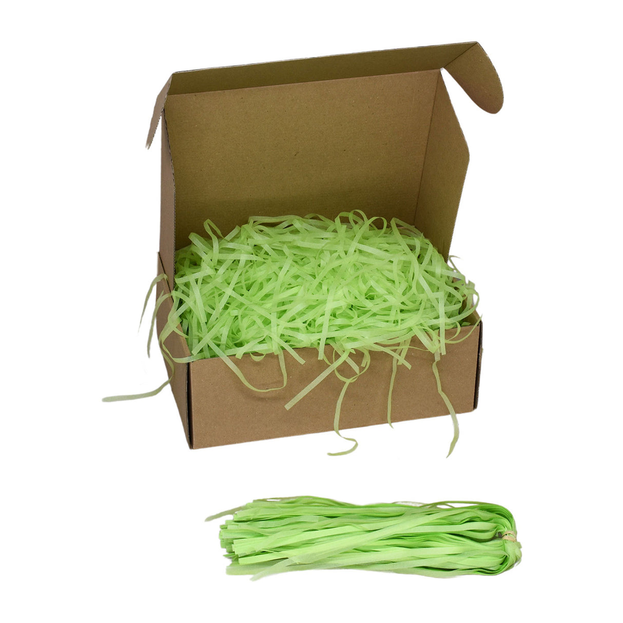 Lime Green tissue paper shred filler shown in a brown box