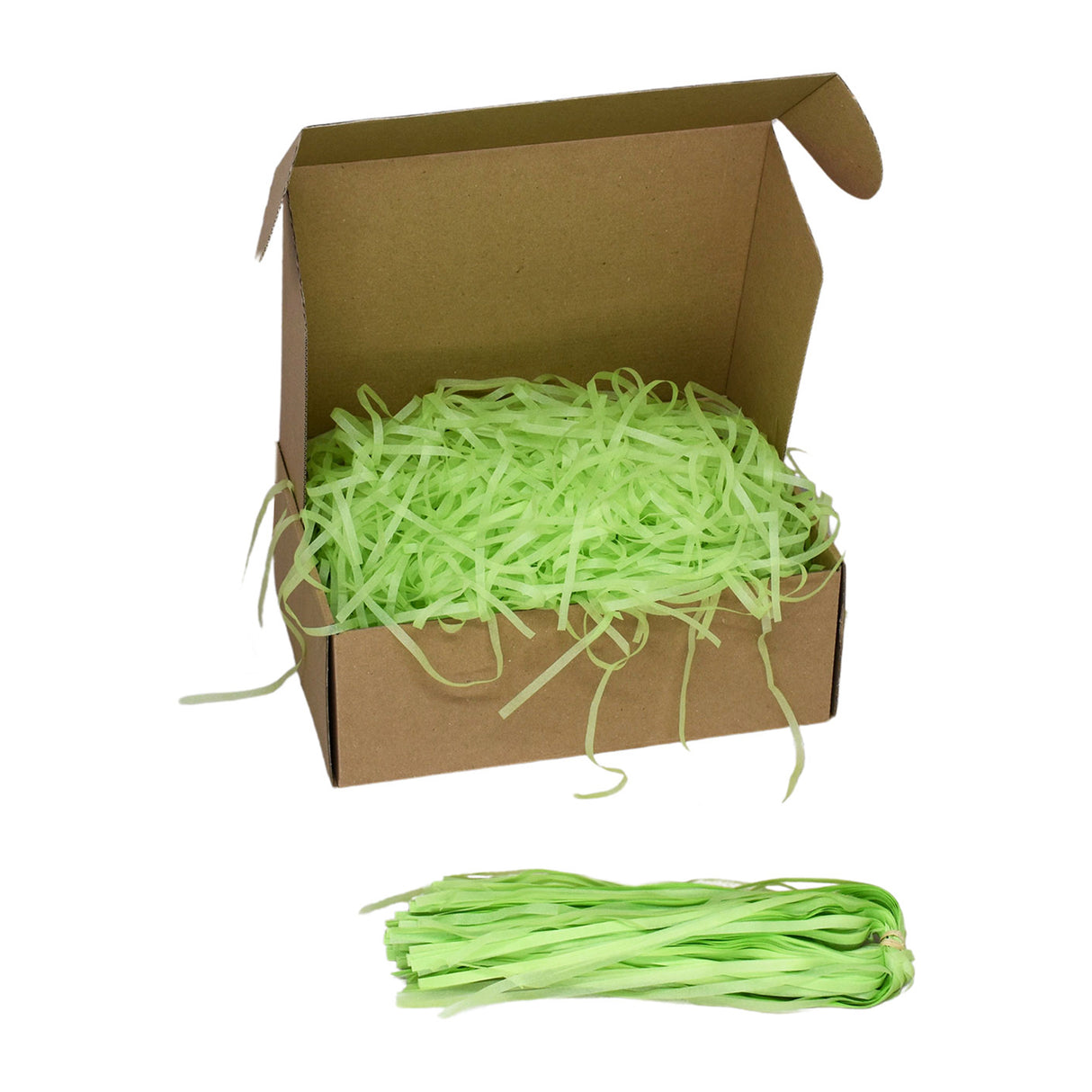 Lime Green tissue paper shred filler shown in a brown box