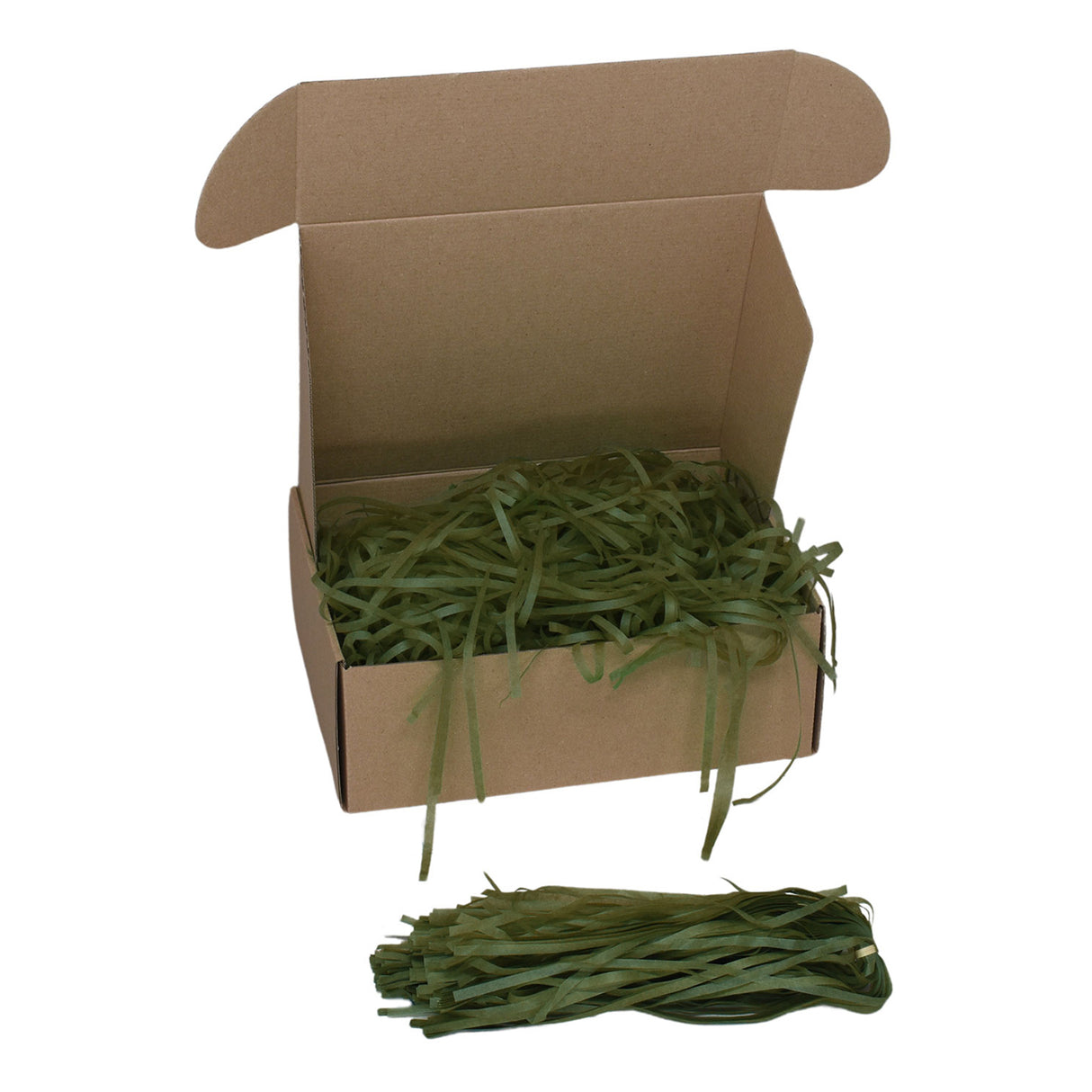 Oliven tissue paper shred filler shown in a brown box